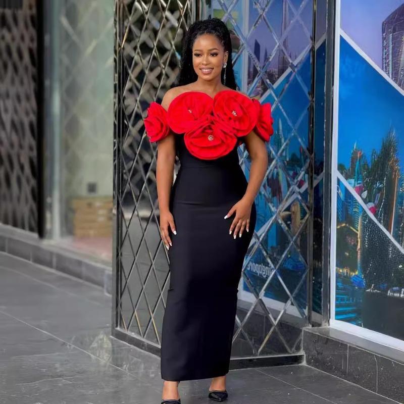 Dress One-word Collar Off-shoulder Slim-fitting and Thin Bandage Skirt Big Flower High-end Women's Clothing