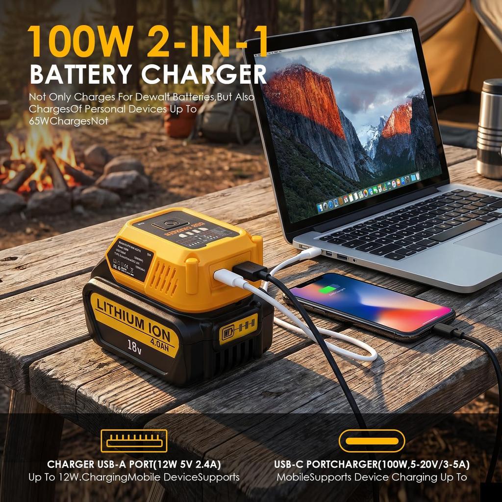 Power Tool Accessory, 111W Fast Charging Adapter Compatible with DW Battery, USB‑A Charging Hub for Phones Tablets (Tool Only)