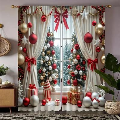 2buc Decoratiuni de Crăciun de lux Perdele Imprimare digitală festivă, Lavabile la mașină, Decor de vacanță Sufragerie Dormitor