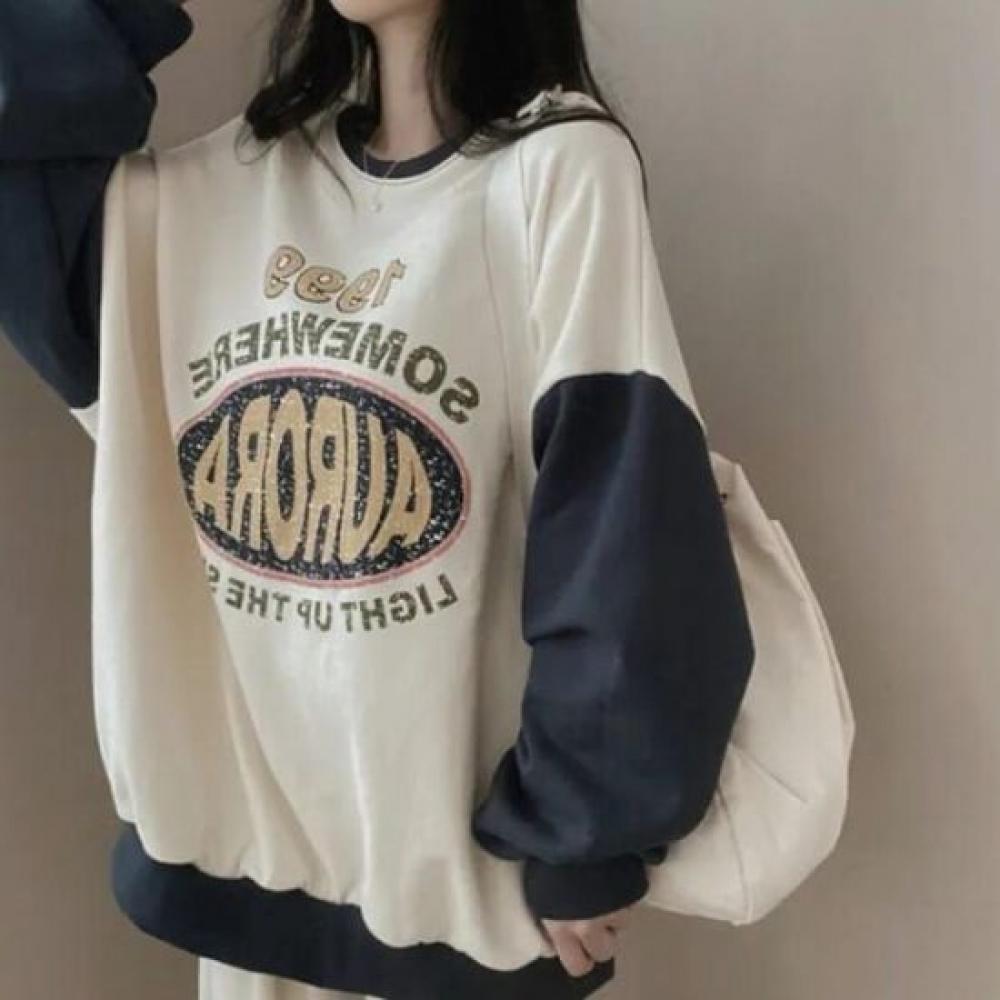 Navava Long Sleeve Round Neck Retro Printing Color Block Sweatshirt Nt2235