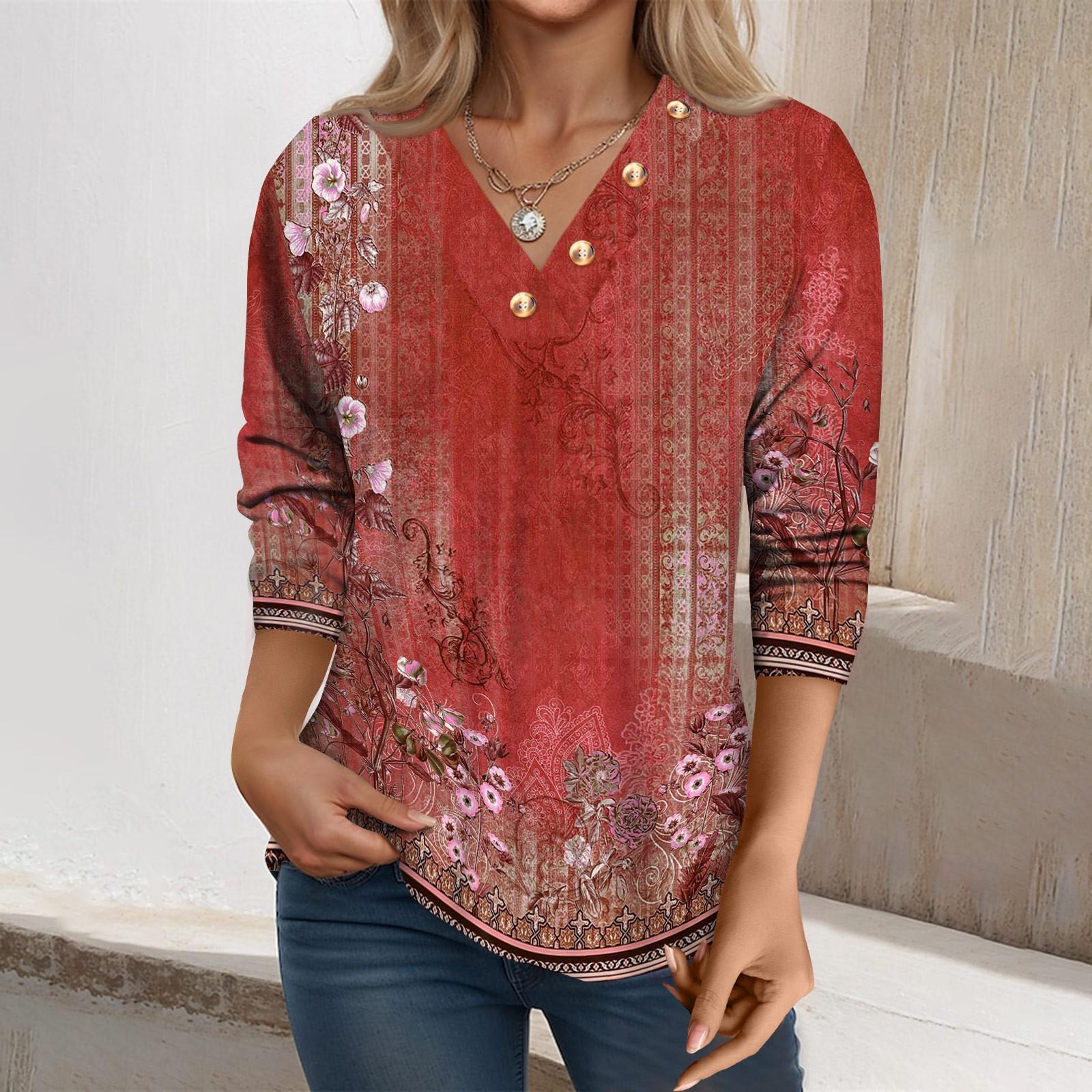 

Женская модная повседневная свободная футболка с v-образным вырезом и рукавами 3/4 с принтом, женский топ L красный