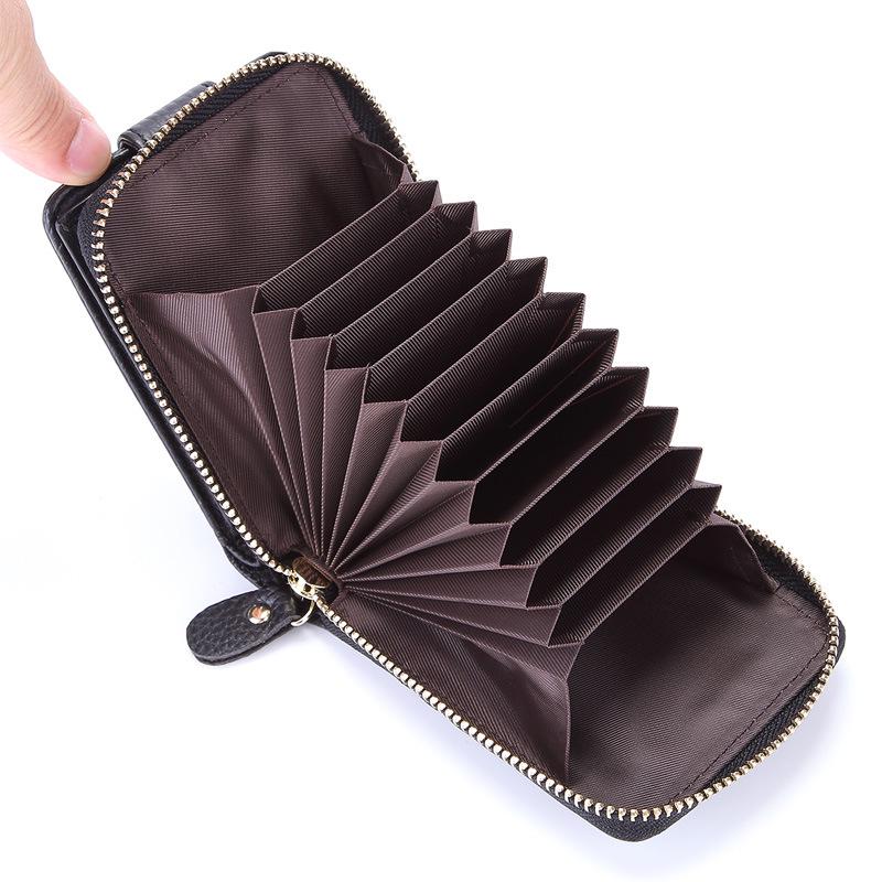 RFID Anti-Theft Cowhide Accordion Card & ID Holder with Zipper