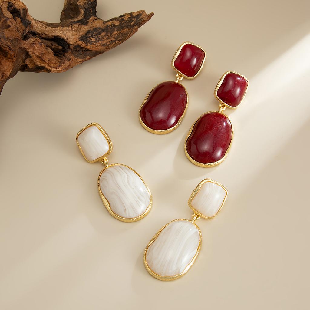 Minimalist Retro Gemstone Pendant Earrings Ins Style Geometric Wrinkled Alloy Earrings
