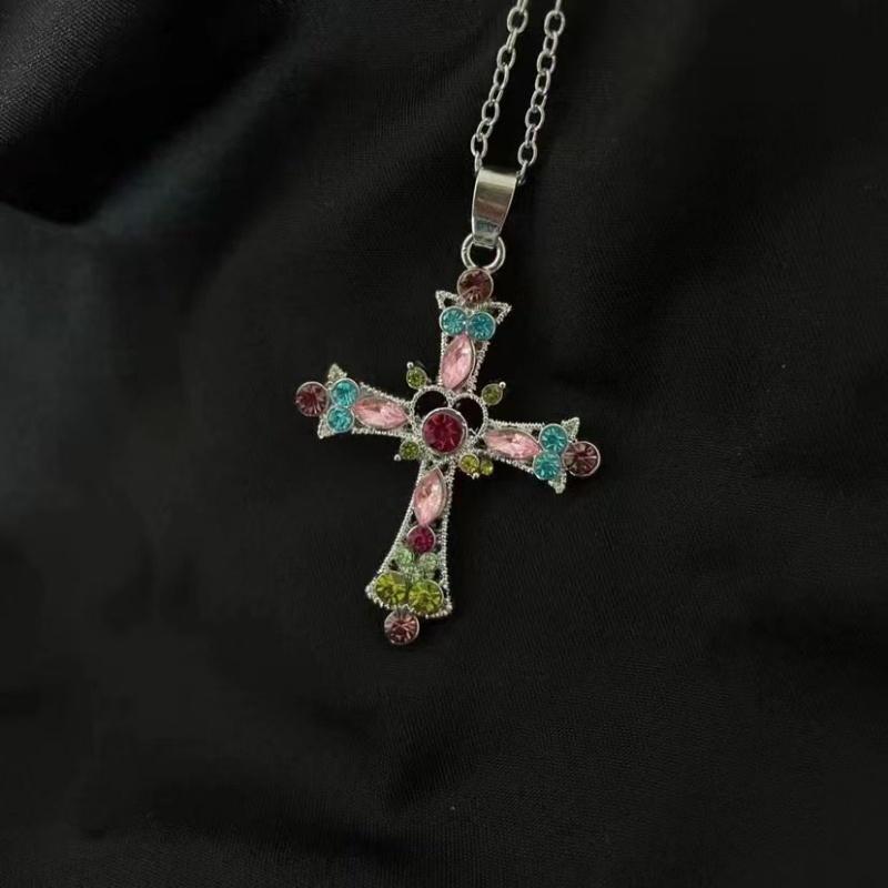 Gothic Y2K Crystal Zircon Cross Pendant Necklace for Women European and American Fashion Neck Chain Party Jewelry Birthday Gift