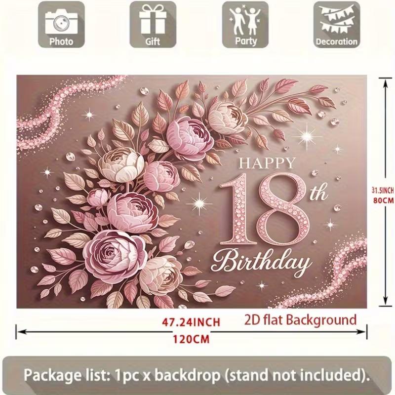 2D Pink Rose 18th Happy Birthday Backdrop 210x150cm Party Banner