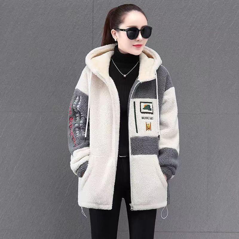 Korean Style Plus Size Mid-Length Lambswool Hoodie for Women - Slimming, Versatile, Thickened, and Cozy.
