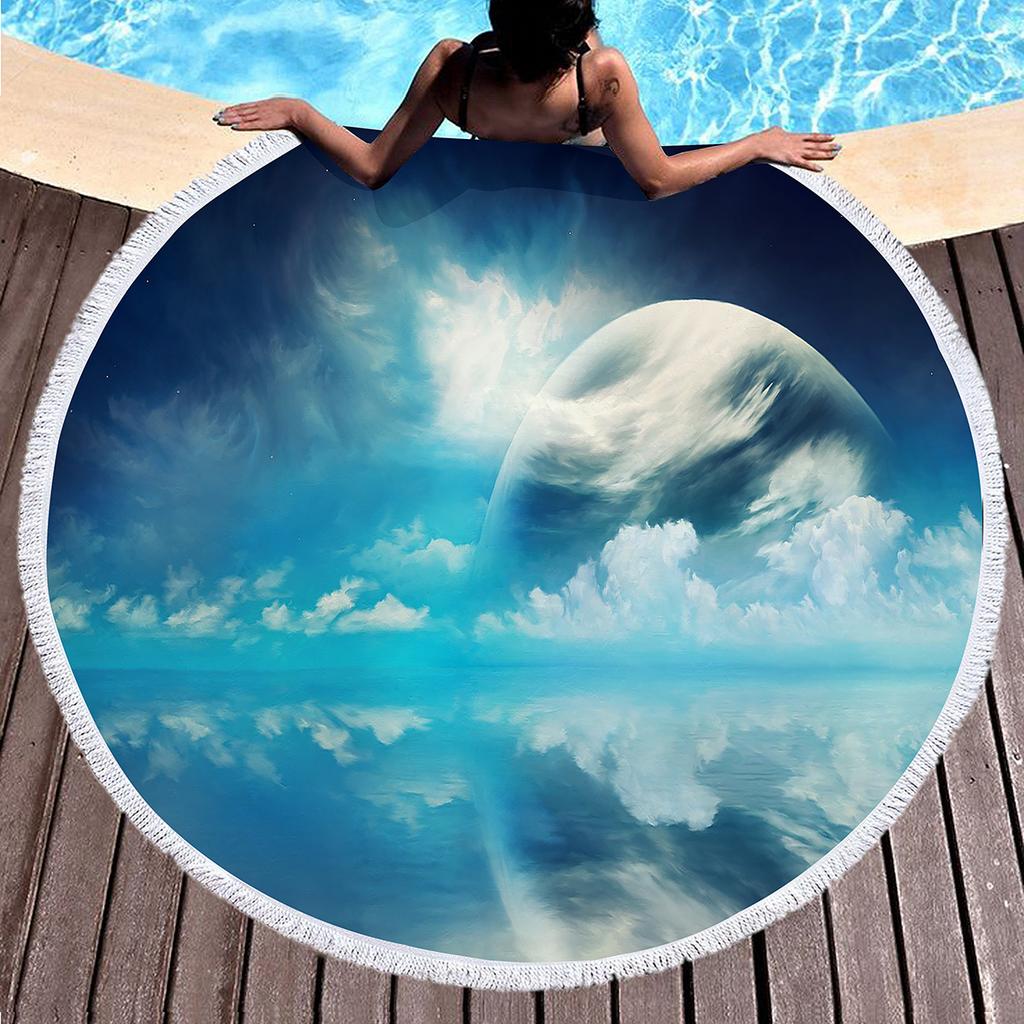 Celestial Bodies Moon Blue Night Sky Round Beach Blanket Super Soft Polyester Absorbent and Sandproof Beach Towel Picnic Blanket