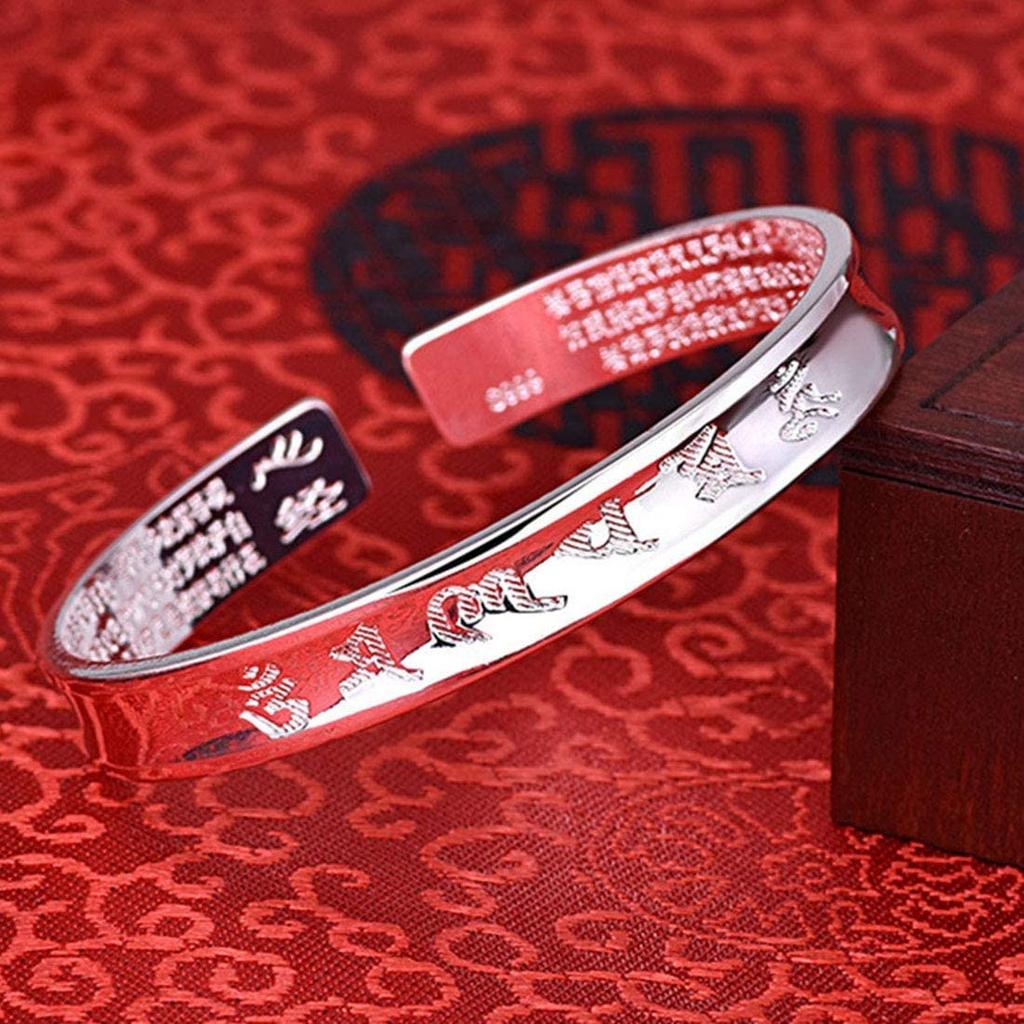 Pure Silver Bangle, Women's, Free Size, S999, Mantra, Heart Sutra, Amulet Bracelet, Free Size, Silver, Unisex Accessory