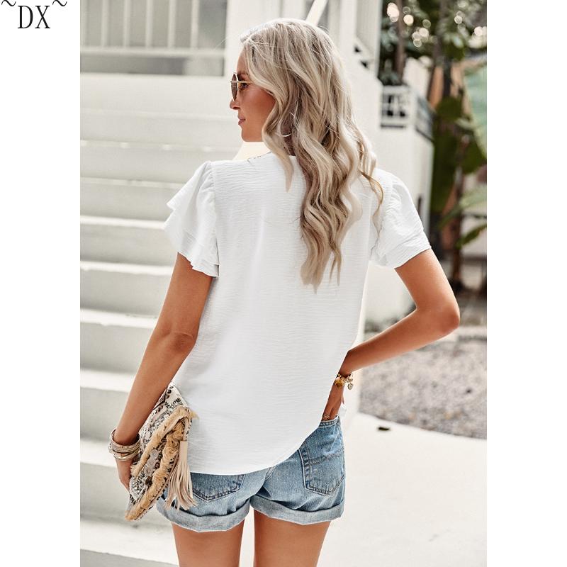 DX~~Short Sleeved Shirt Women's Summer Style Commuting V-neck Ruffle Top