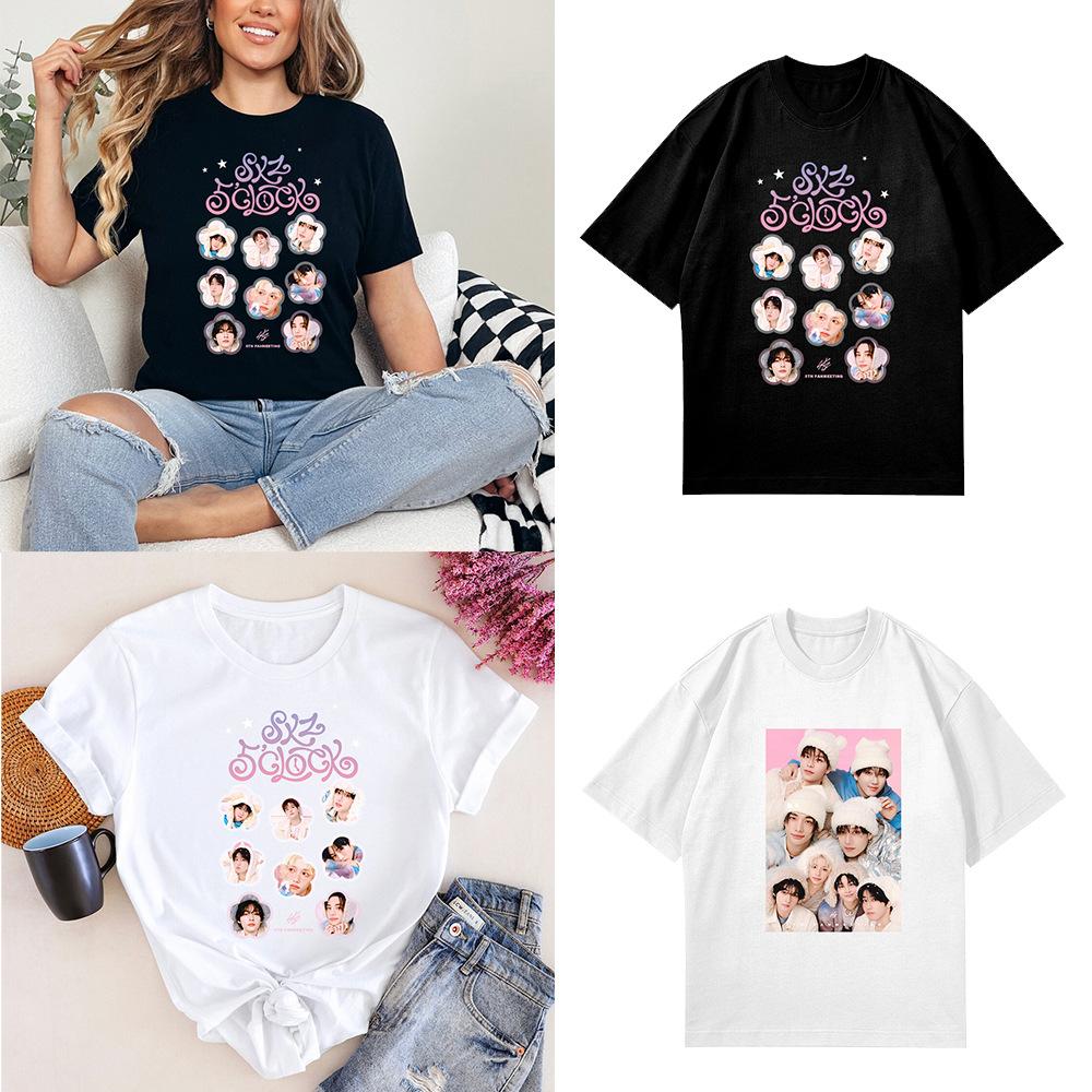 Stray Kids 5 O'Clock 5. Fanmeeting T-Shirt Kpop Merch Unisex Kurzarm Grafik-T-Shirt Retro Lässig Streetwear Oversize Oberteile für Kpop-Fans Geschenk