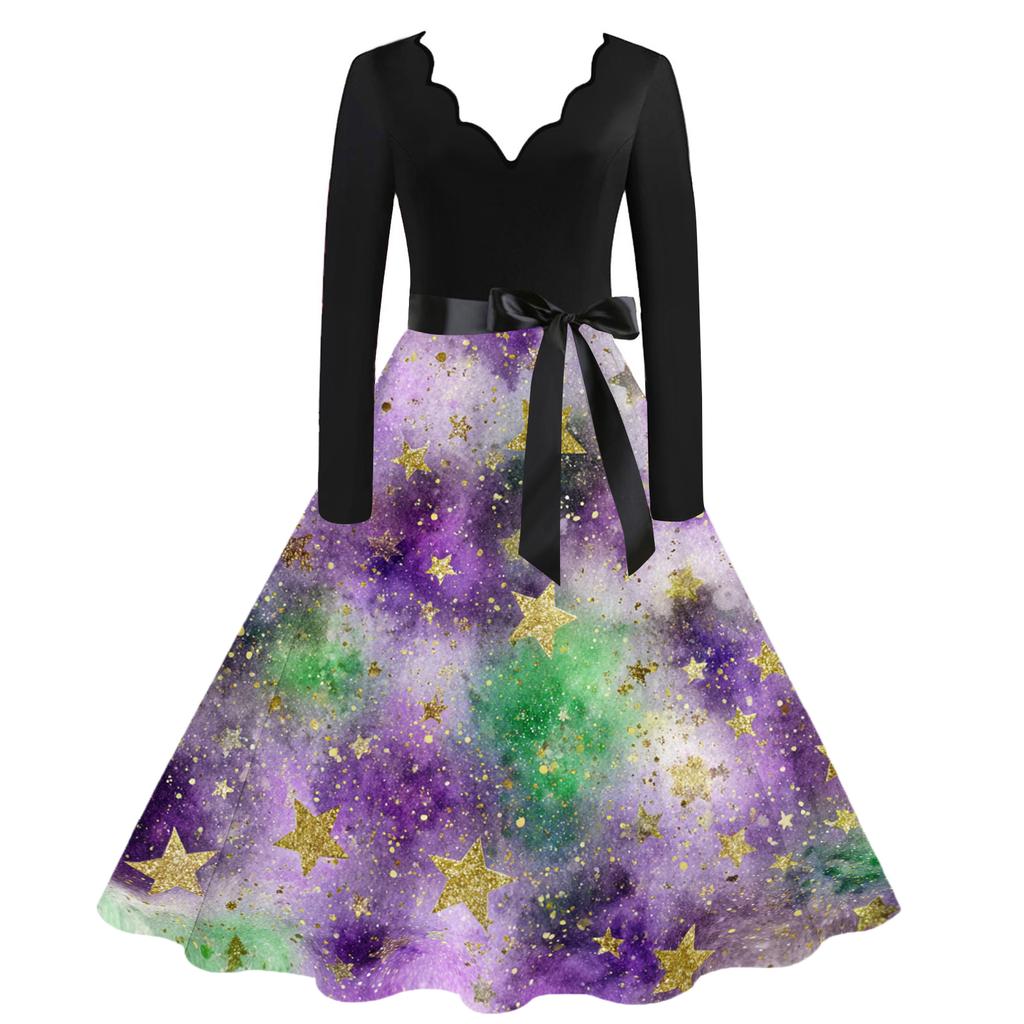 Dámské ležérní módní šaty s výstřihem do V a vintage potiskem karnevalu