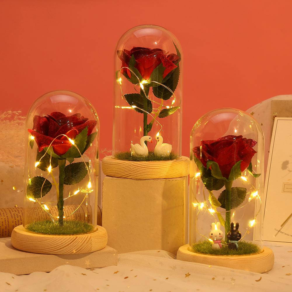 Immortal Rose Night Light with Gold Powder In Glass Dome – Qixi Festival Floral Ornament