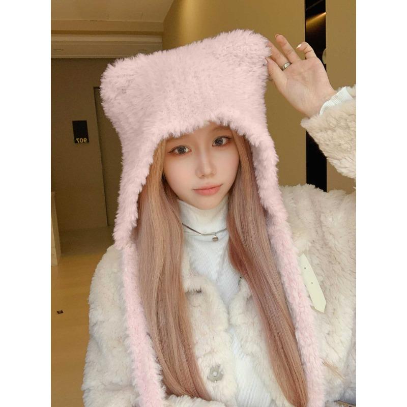 Bear Ears Woolen Knitted Hat for Women In Winter Showing Face Small Plush Cute Ear Protection Warm Big Headband Cold Hat
