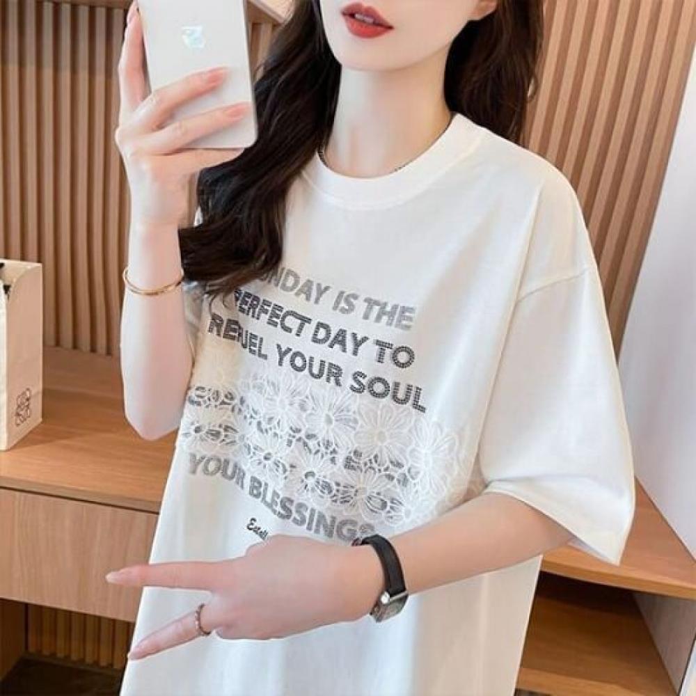 Navava Women LeTTering Lace Loose FiT ShorT Sleeve T shirT nT2801