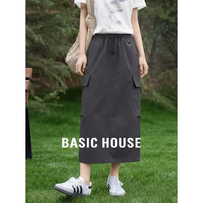 Basic House Women s High-Waist A-Line Cargo Midi Skirt M