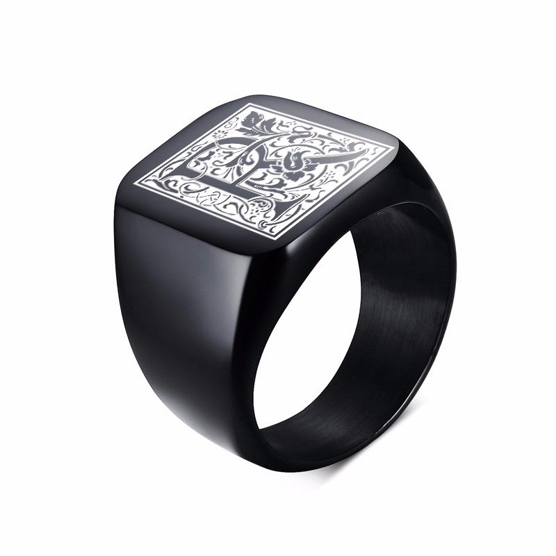 Mens Stamp Ring,Black Stainless Steel Letter Ring Chunky Ring,Rock Punk Jewelry Gift for Him