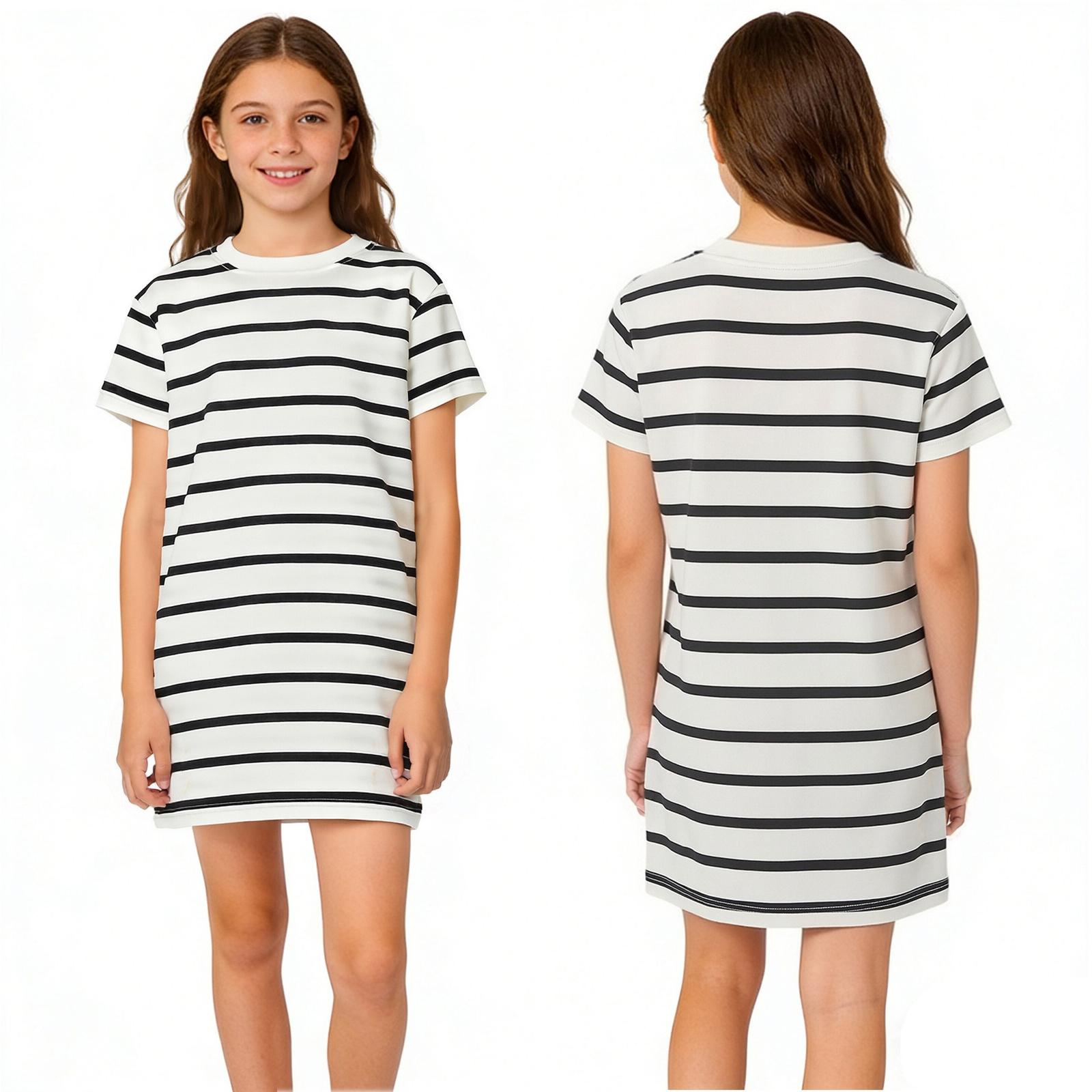 

Children s Casual Dress Round Neck Fashionable Striped Short Sleeved Dress 160 білий