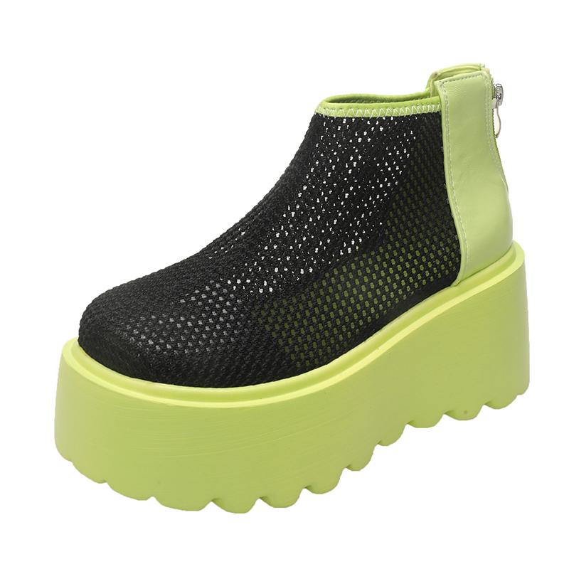 Mote Høye Hæler Kule Støvletter Sommer Ny Rund Tå Mesh Stoff Pustende Bakglidelås Vanntett Plattform Sklisikre Kilehæler