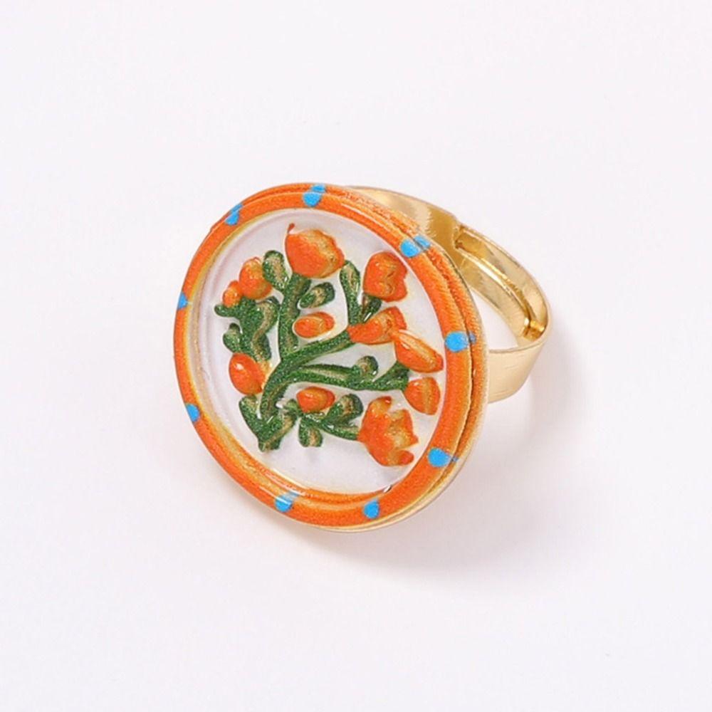 Ethnic Style Enamel Flower Ring French Glazed Ring Luxury Vintage Ring Women