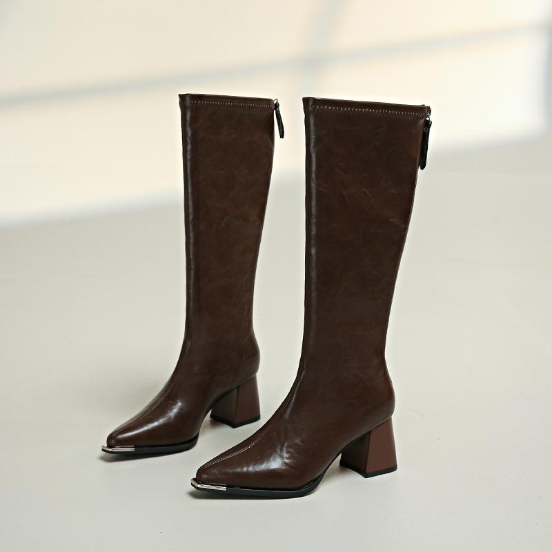 

Winter Fashion Thick Heel Women Mordern Long Boots Metal Pointed Toe Shoes Short Plush Female Banquet Party Knee High Booties 35