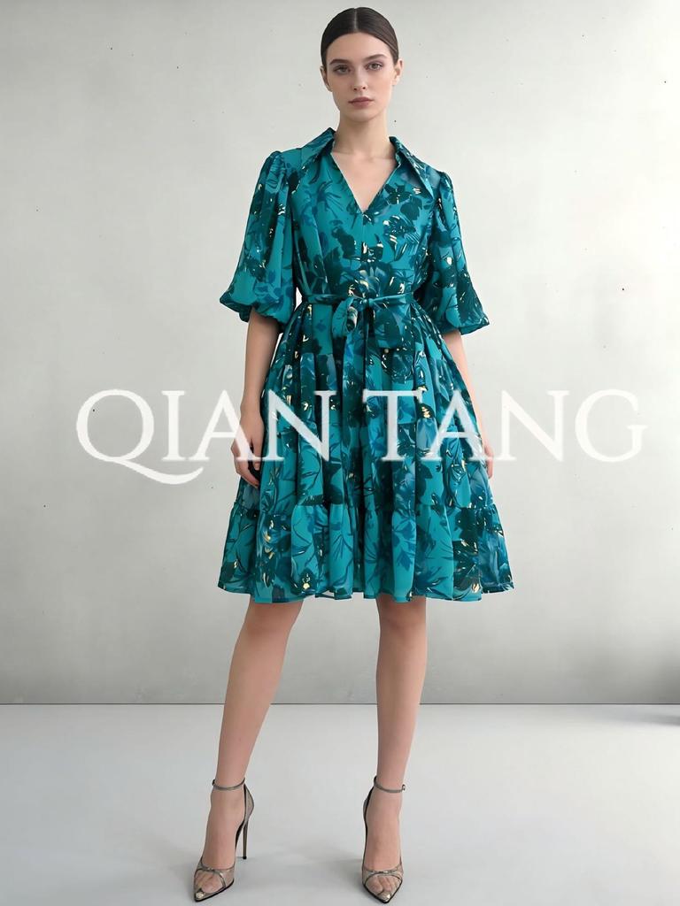 Elegant V-neck Puff Sleeve Belted Dress with Cinched Waist in New Style, Available Now