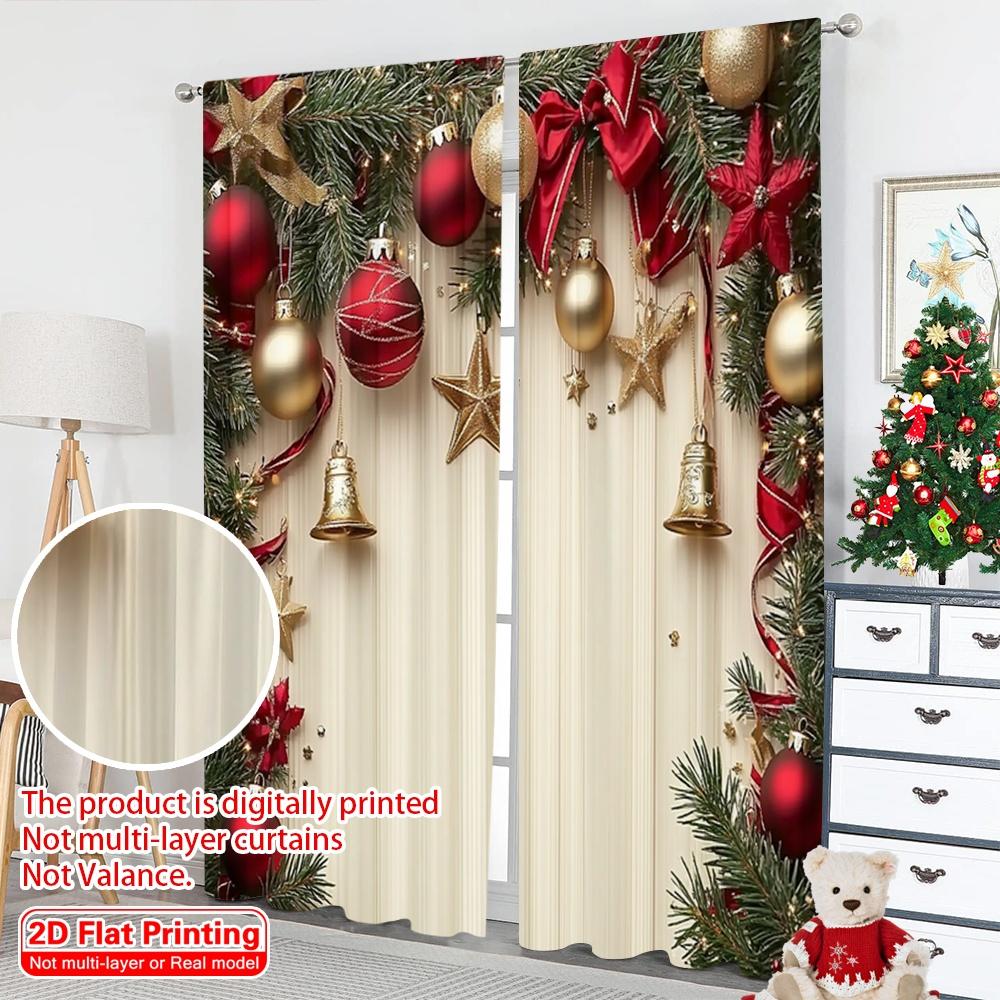 2D Flat Printing 2pcs Merry Christmas Popular Drapes Stars and Pine Branches 100% Polyester Without Electricity Birthday Party