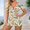 Women Plus Size White Blue Paisley Floral Printed V Neck Short Sleeve Button Front Fitted Romper