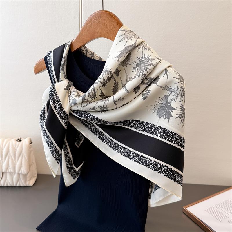 Fashion Imitation Silk Large Square Scarf Retro Flower Printing Professional Versatile Shawl Diagonal Silk Pattern Scarf Headscarf Women