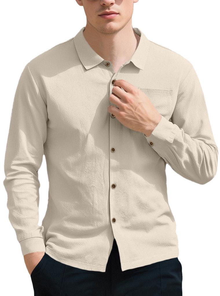 Men's Autumn Linen Cardigan Shirt Solid Color Lapel Casual Long Sleeve Loose Fit Breathable Business Casual Classic
