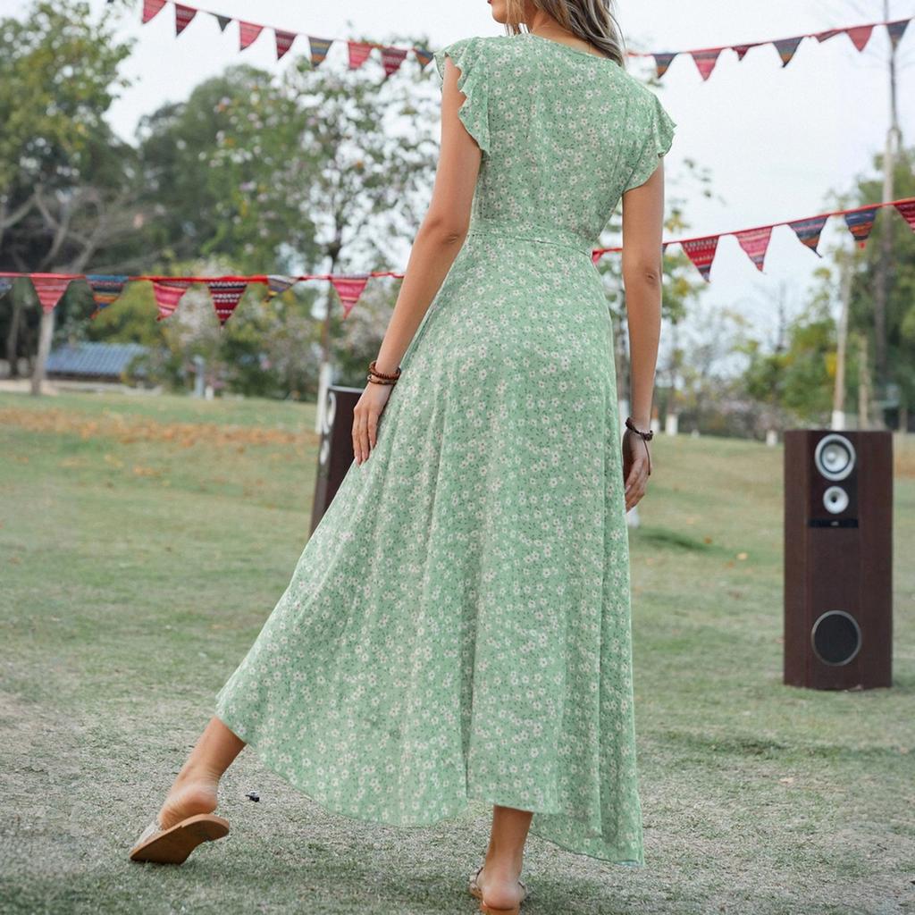 Women's Summer Floral High Waist Bohemian Dress Casual Hawaiian Flowing V Neck Holiday Dress