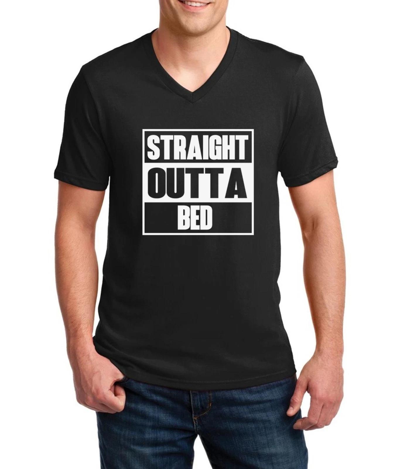 Mens V-neck Straight Outta Bed T-Shirt Funny Tee Morning Person Bday Gift Shirt XL