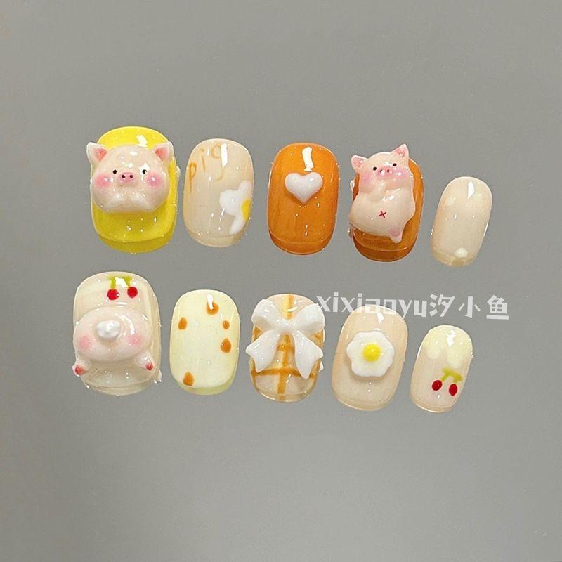 

Cartoon Cute Student Pink Short round Nail Stickers Toast Pig-Short Round XS