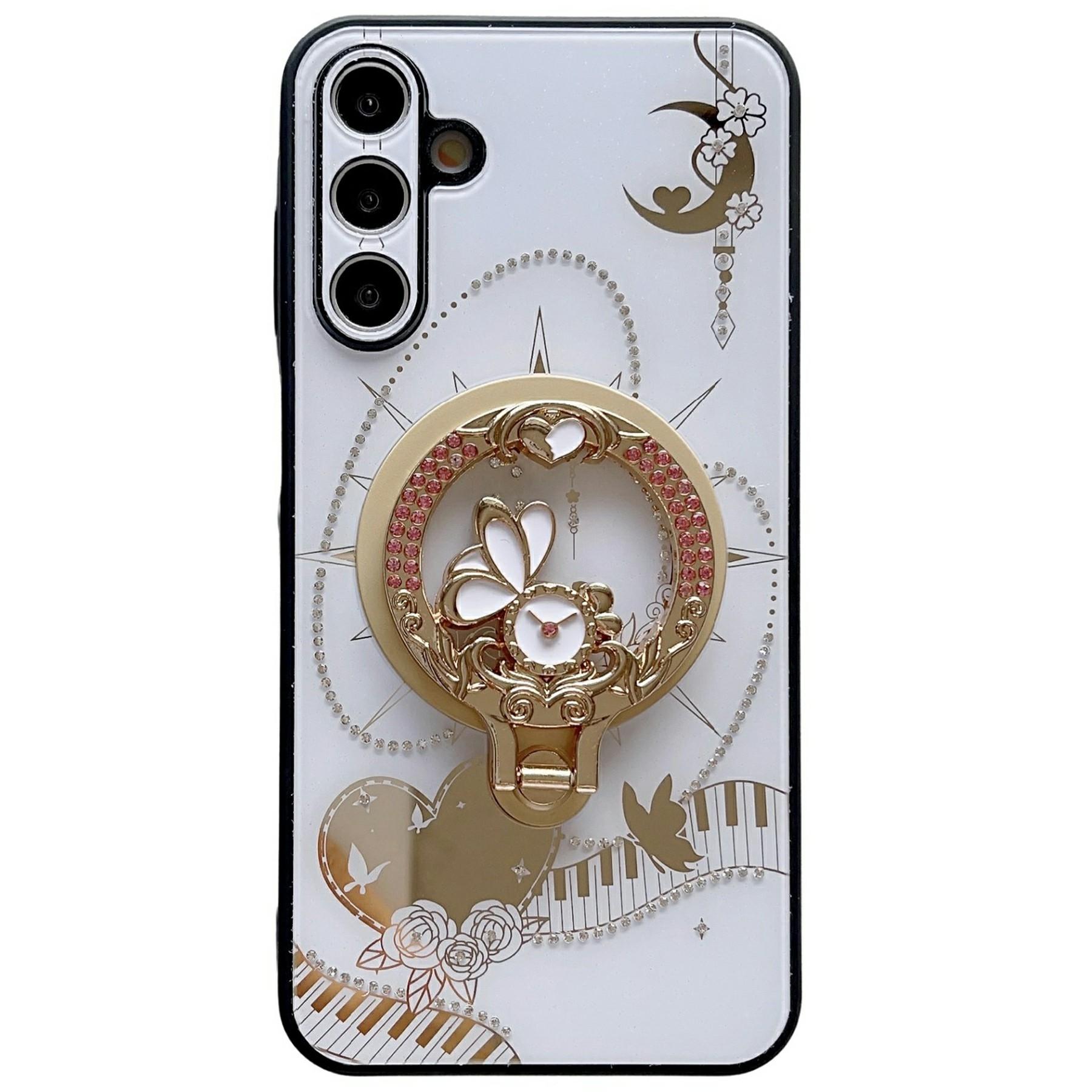 

For Samsung Galaxy S25+ Magnetic Case Kickstand TPU+PC Rhinestones Decor Phone Cover White