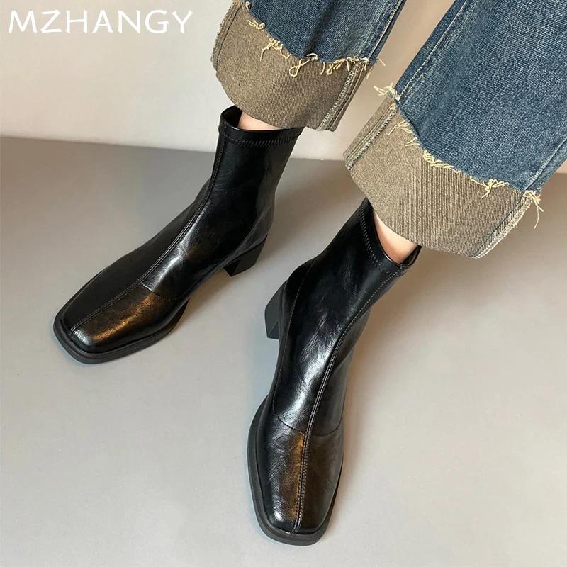 Fashion Women Square Toe Leather Ankle Boots Mid Heels Elegant Shoes Woman 2025 Trend Winter Fashion Sexy Pumps Motorcycle Boots Mujer