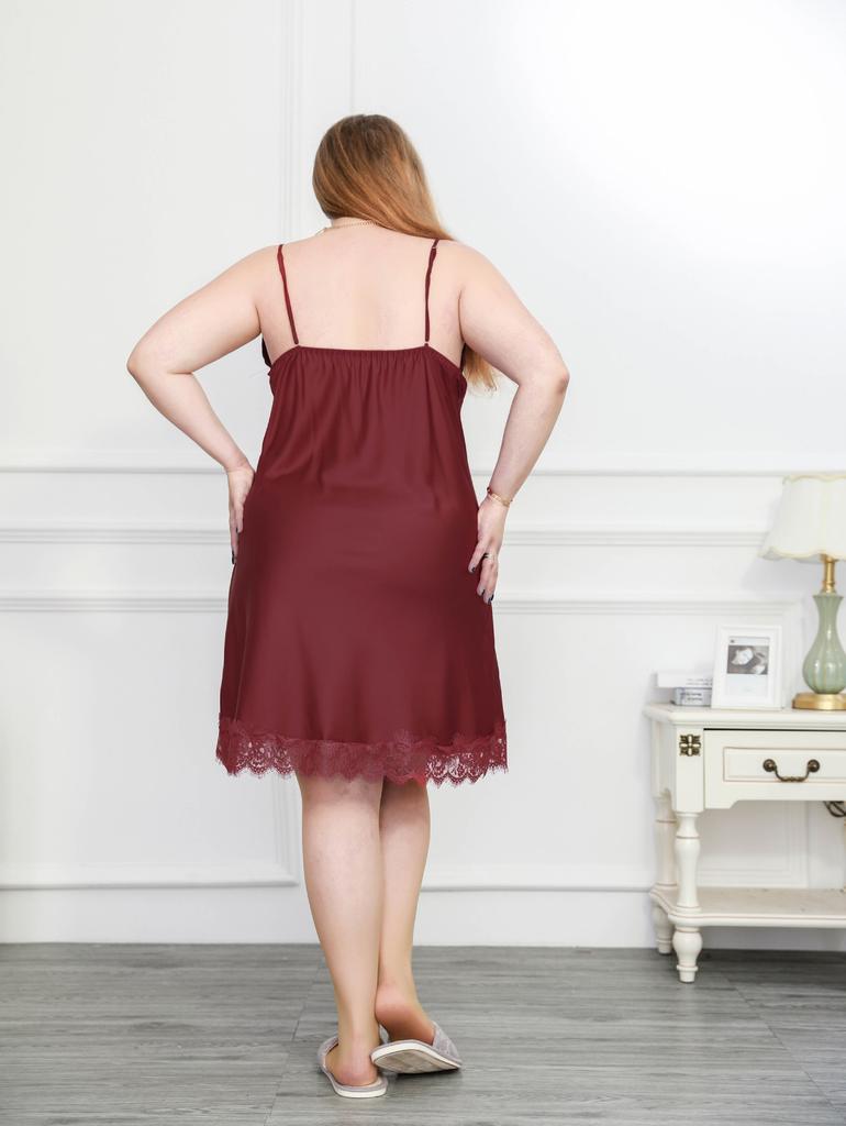 Plus Size Women V-Neck Backless Lingerie Dress Lace Hem Strap Casual Sleepwear Pajamas