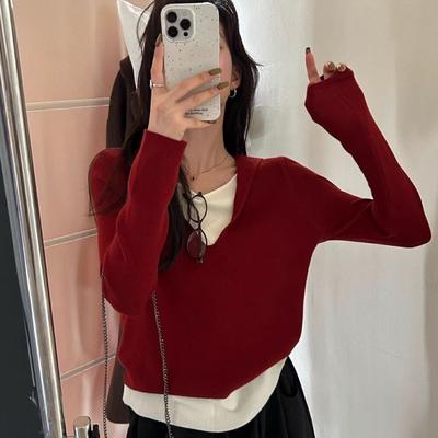 Nuovo Maglione Base Lavorato a Maglia Finto Due Pezzi con Cappuccio da Donna Autunnale e Invernale Snellente e Aderente Top Corto