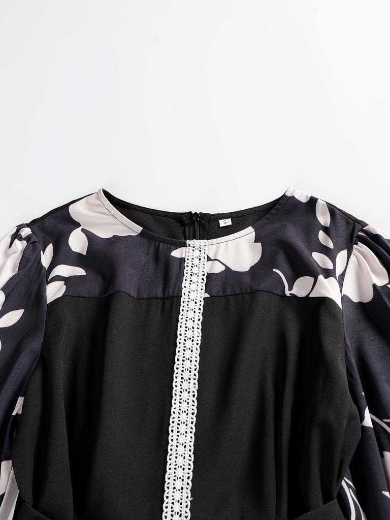 New Women's Lace Spliced Printed Midi Dress - Middle Eastern Muslim Fashion