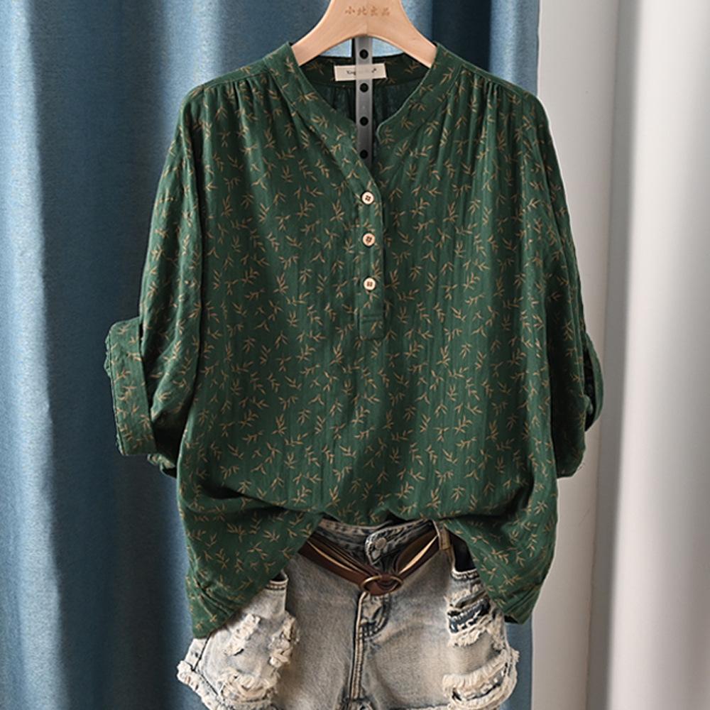 Women Cotton Casual Shirt Batwing Sleeve Stand Collar Printed Top Girl OL Loose Blouses 2024 Summer T447104QM