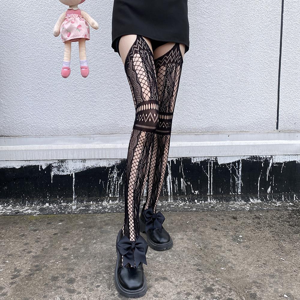 Fishnet Stockings with Holes, Trendy Black Stockings, Summer Thin Style, Japanese Retro Pattern, Over-the-knee Long Stockings for Women