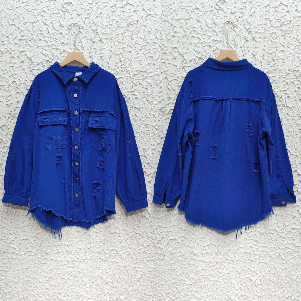 Ny 2023 Dame Høst/Vinter Denim Cardigan - Ensfarget, Enkeltradet Skjortejakke med Nedslått Krage