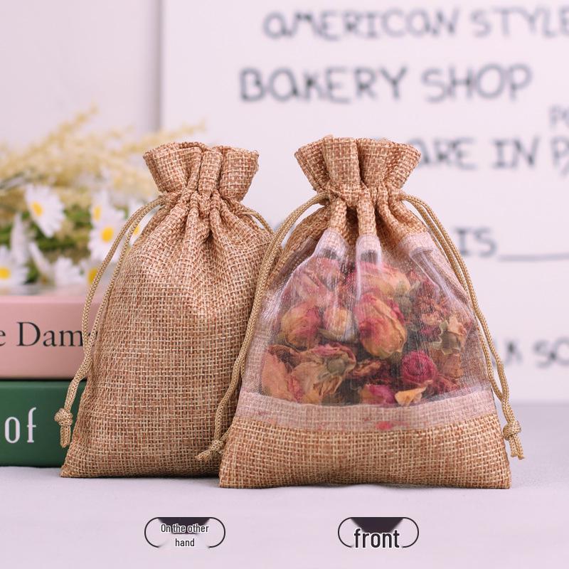 Super Source Hemp Drawstring Patchwork Mesh Bag for Cosmetics Organization