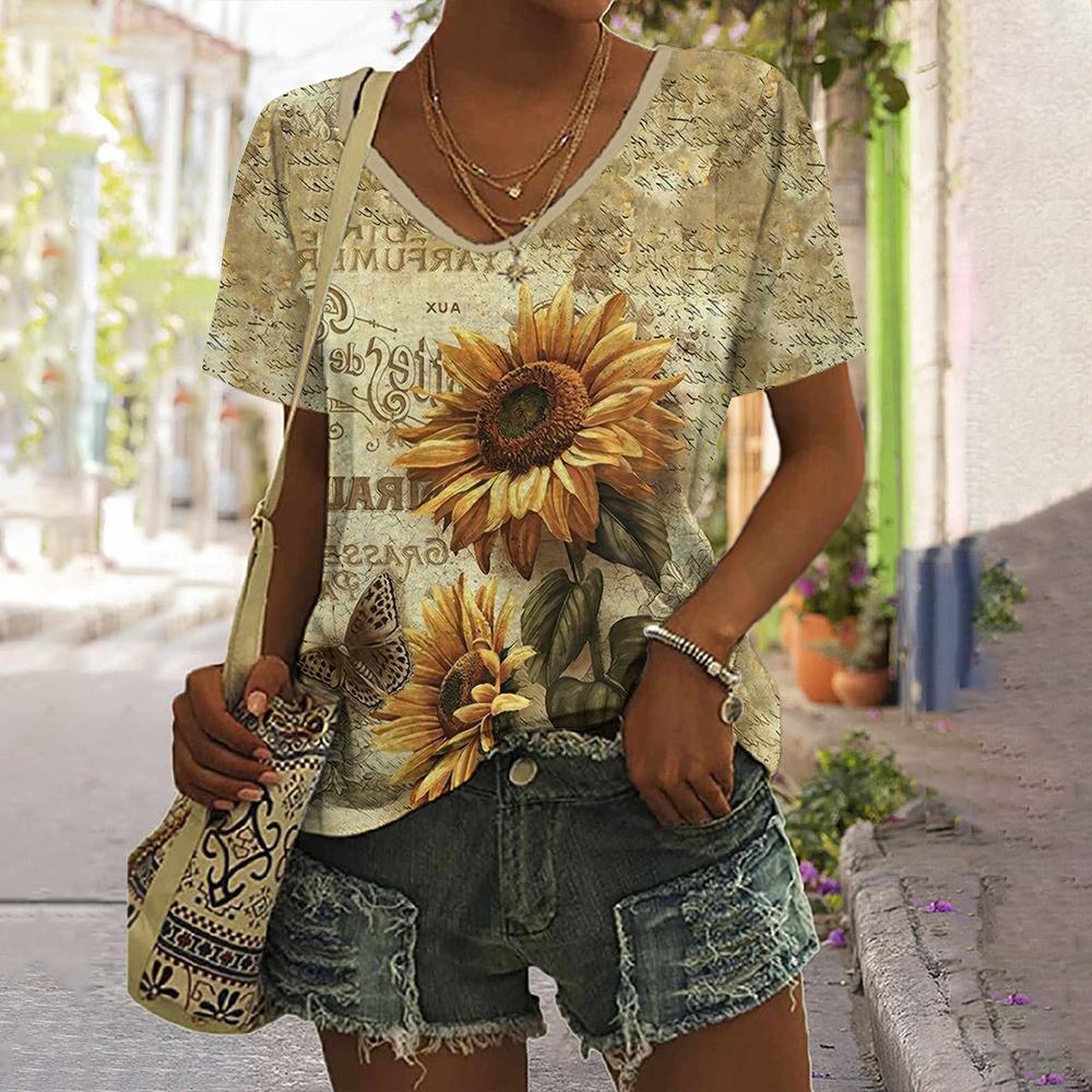 Daily Fashion V-neck Short Sleeve Tops Sunflower Patterns Printed Plus Size Loose Women's Clothing Outdoor T-Shirt