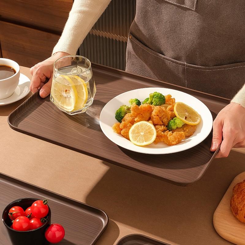 Wood-Grain Plastic Serving Tray - Large Capacity Multi-Purpose Plate for Home & Commercial Use, for Water Cups, Cakes & Desserts