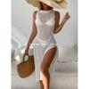 2025 Resort Strick Bikini Überwurf Kleid: Rundhalsausschnitt, Ärmellos, Schlitz am Saum, Sonnenschutz-Cardigan für den Strand.