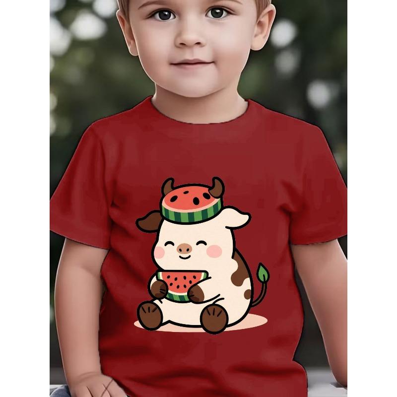 European Sizes Boys' Short-Sleeve Summer New Arrival Cartoon Cow Eating Watermelon Cute Baby Print Top, Children's Casual Short-Sleeve T-Shirt