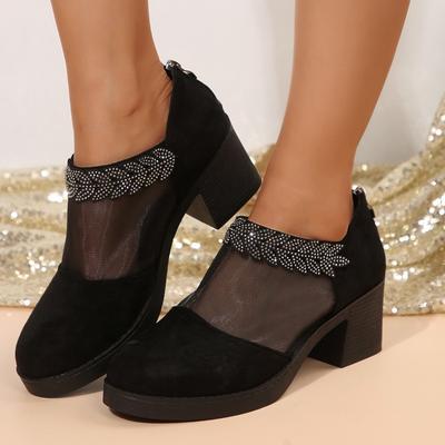 Women's New Spring Summer Mesh Breathable Black Pumps Single Shoes Round Head Rhinestone Thick High Heels Sandal Boots