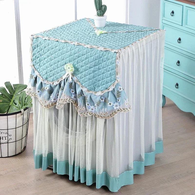 Washing Machine Cover Universal Washing Machine Cover with Roller and Wave Wheel Upflip Washing Machine Dustproof Lace Cover