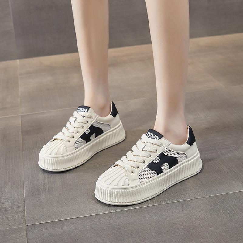 Platform White Shoes Women's New Shell Head Mesh Breathable Biscuit Shoes Versatile Sports Style Casual Board Shoes Flat Shoes