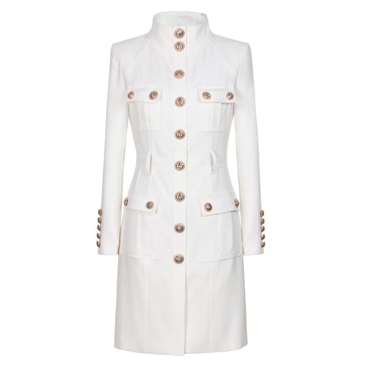 

2025 Women s Slim Fit High Neck Trench Coat with Rivet Buttons M белый