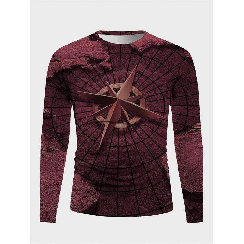 Fashion Compass 3D Printed Men's Long Sleeve T-shirt Spring Retro Casual Crew Collar T-shirt